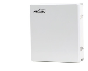 NETWAYSP4LWPX managed network switch rear panel connections and specifications label closeup