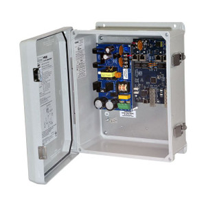 Altronix NETWAYSP4WP PoE+ network switch detail showing port configuration and LED indicators