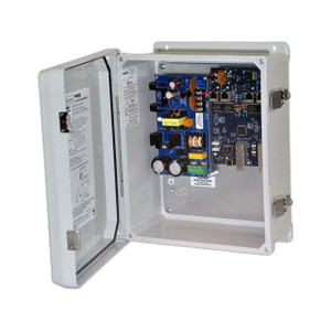 Altronix NETWAYSP4WP PoE+ network switch detail showing port configuration and LED indicators