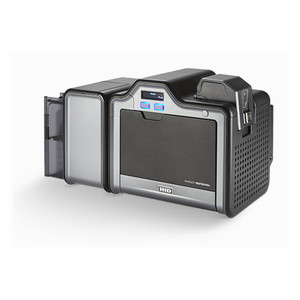 HID 096660 HDP5000e dual-side ID card printer front view with input hopper and display screen