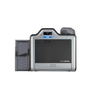 HID 096600 HDP5000e single-side ID card printer front view with display screen and input tray