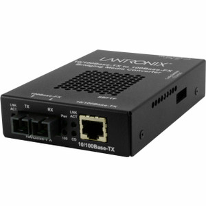 Transition Networks 10/100 fiber media converter rear panel and specifications