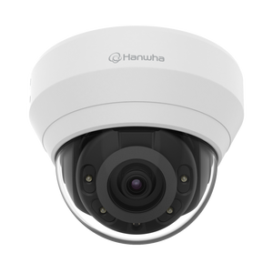 Hanwha LND-6022R dome camera side angle showing mounting bracket installation