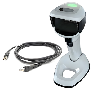 Zebra DS9908 wireless barcode scanner front view with ergonomic grip design