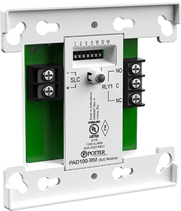 Potter PAD100-RM relay expansion module for security systems, front view