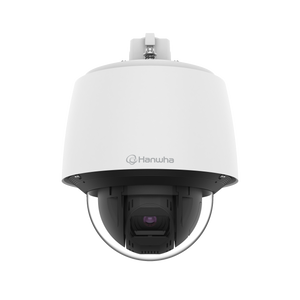 Hanwha QNP-6250H PTZ dome security camera side angle showing housing design