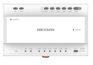 Hikvision DS-KAD706Y-SP two-wire IP distributor front view with connectivity ports