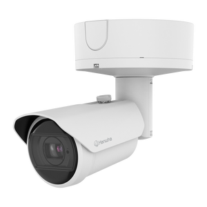 Hanwha XNO-6123R outdoor surveillance camera detail showing weatherproof housing and lens