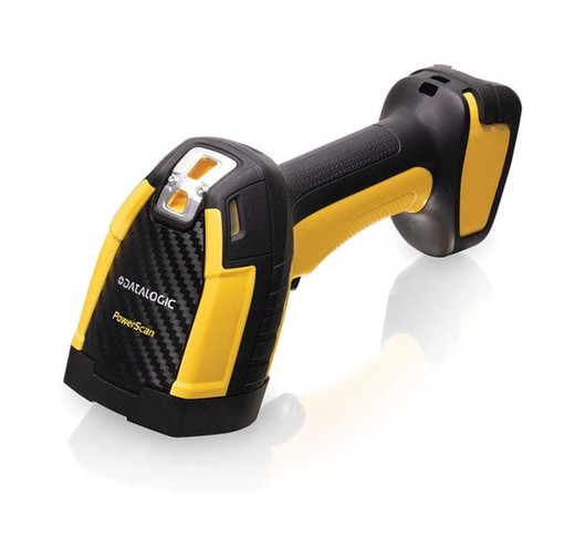 Datalogic PBT9600-SRRB 2D industrial barcode scanner front view with display screen and trigger