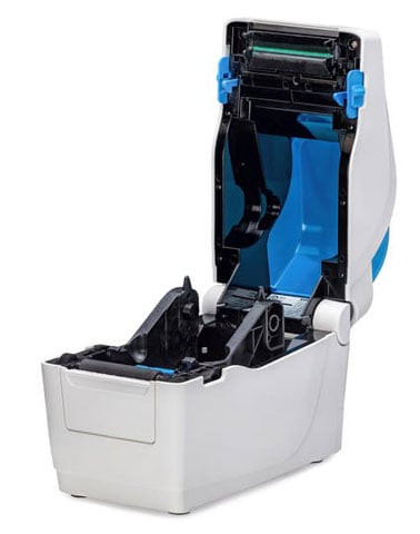 Sato W2312-400DB-EX1 thermal printer paper output tray and control panel detail