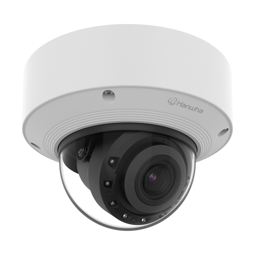 Hanwha XNV-C8083R dome camera detail showing vandal-resistant housing and IR lens