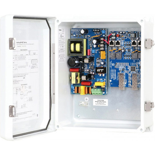 Altronix NETWAYSP4BTWP PoE switch rear panel showing power input and mounting options