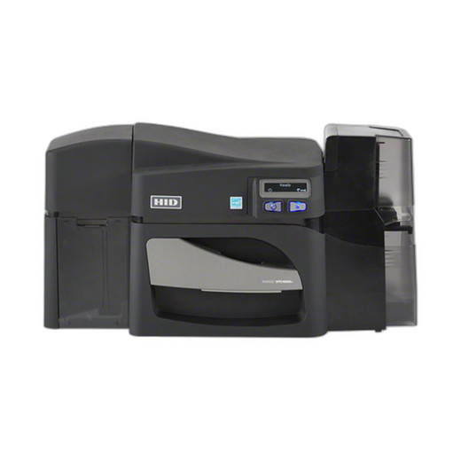 HID 55010 Fargo DTC4500e single-side ID card printer front view with output tray