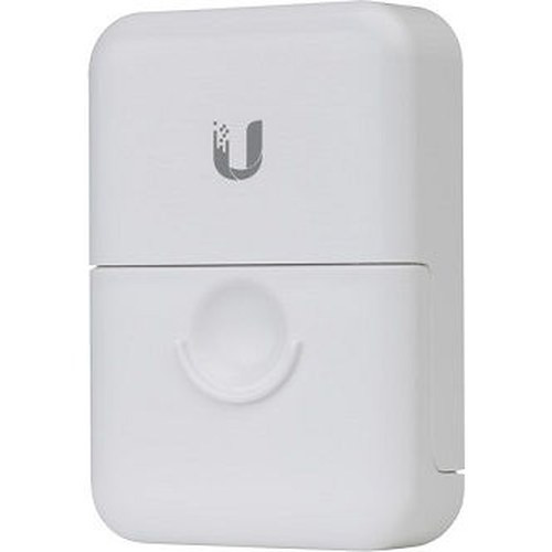 Ubiquiti ETH-SP-G2 surge protector compact design showing mounting bracket and cable connections