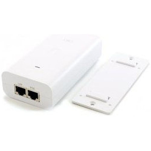 Ubiquiti POE-54V-80W PoE power injector showing connector terminals and LED indicators
