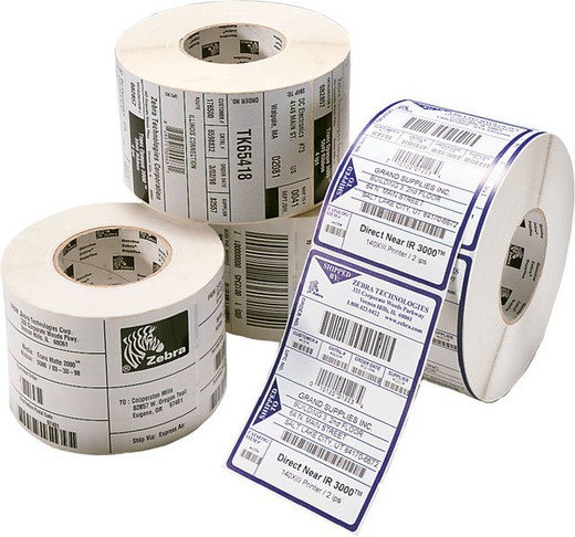 Zebra 10033380-1 thermal label roll packaging and product details