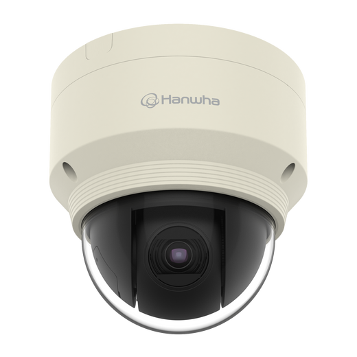 Hanwha XNP-6120H pan-tilt-zoom security camera mounted on exterior wall