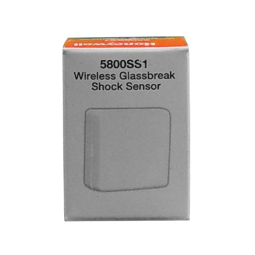 Honeywell 5800SS1 shock sensor close-up showing wireless transmitter and mounting bracket