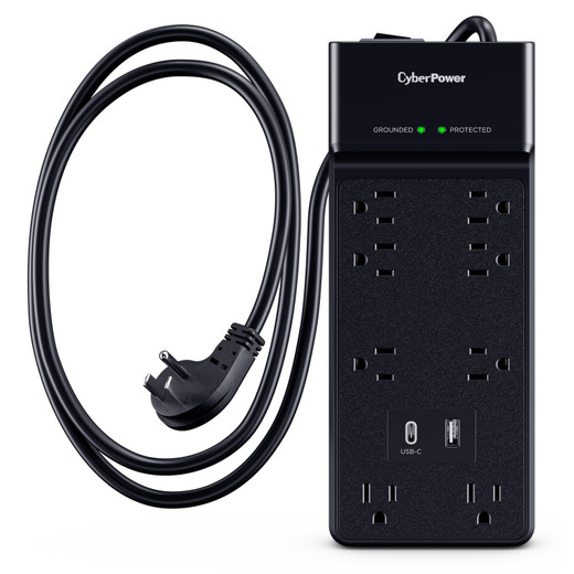 Cyberpower CSP806UC18 Surge, Black, NEMA 5-15P Input - 8 - NEMA 5-15R, 1 Type A,