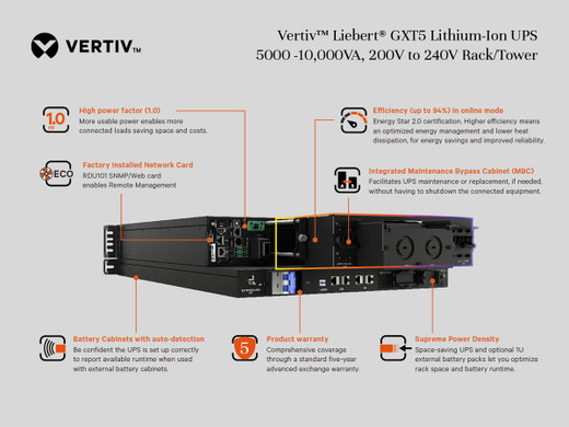 Vertiv Liebert GXT Lithium-ion 8000VA, 200V-240V Online UPS Hardwired Input AND