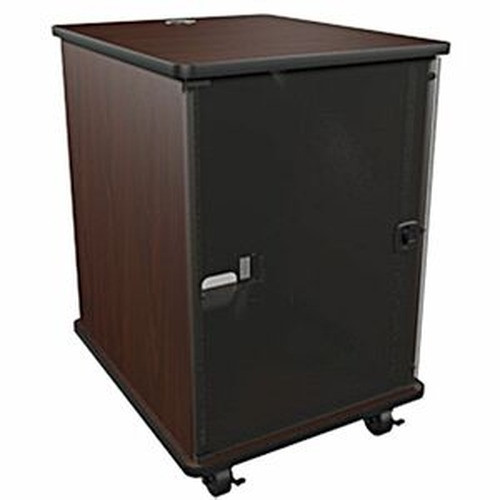 Middle Atlantic MFR Series Mobile Furniture Rack 16 Space 27in. D Melamine Plexi Door 3in. Casters Grained Dark Cherry