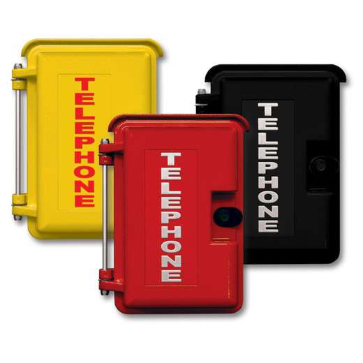 Yellow Heavy-Duty Outdoor Enclosure with Red in. in. Telephonein. in. Lettering  includes Interior Adapter Panel for Mounting Viking Products