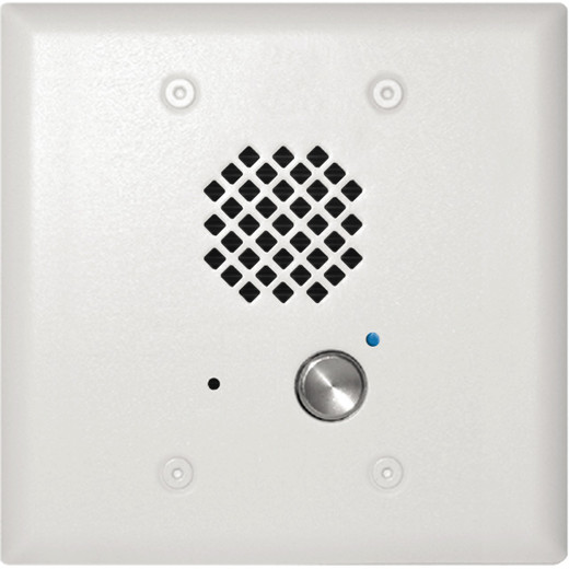 Satin White Entry Phone with Automatic Disconnect & Blue LED  Flush Mounts in a Double Gang Box or Surface Mount with an Optional VE-5x5 with Enhanced Weather Protection (EWP)