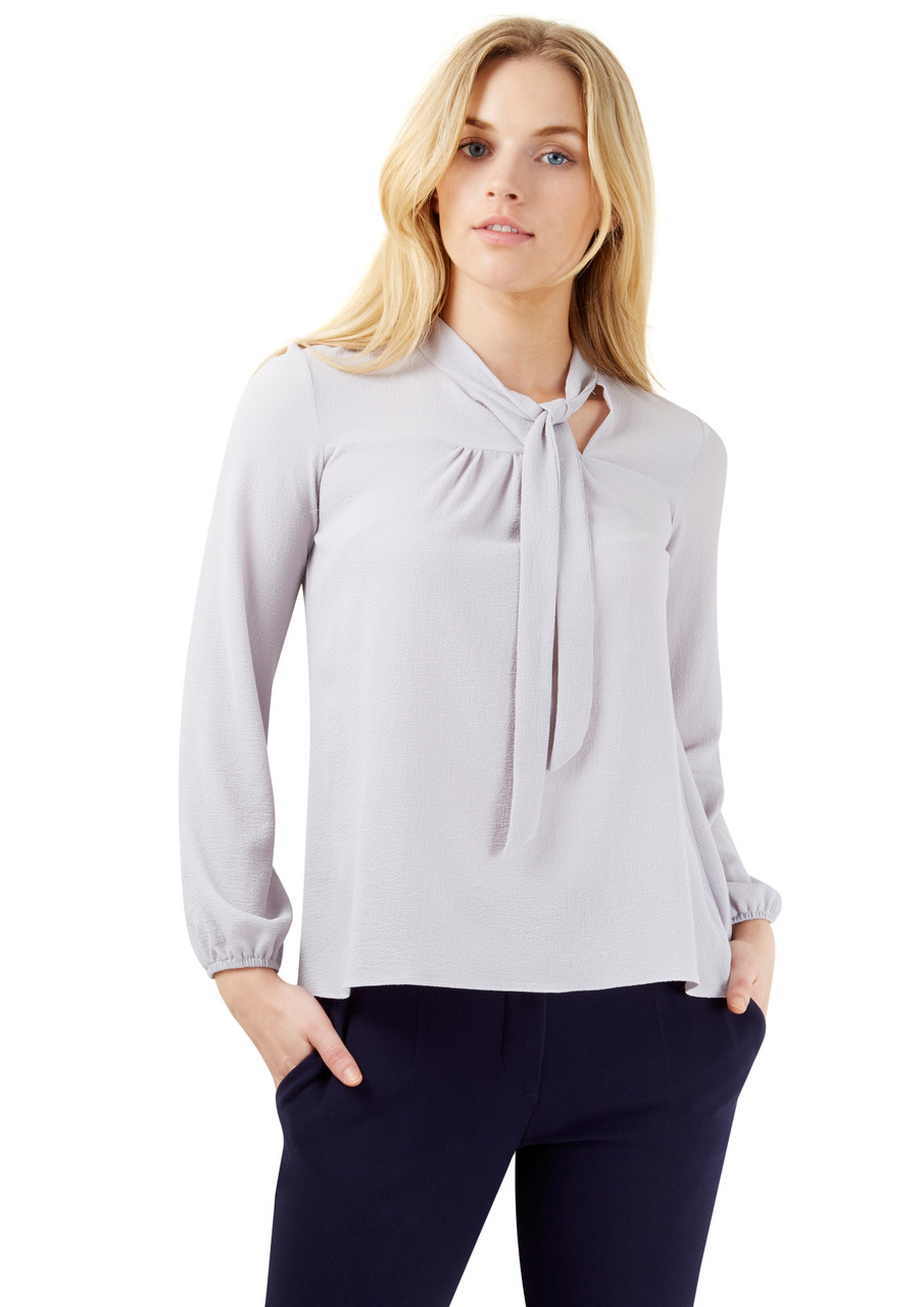 Pale Grey Pussy Bow Long Sleeved Blouse