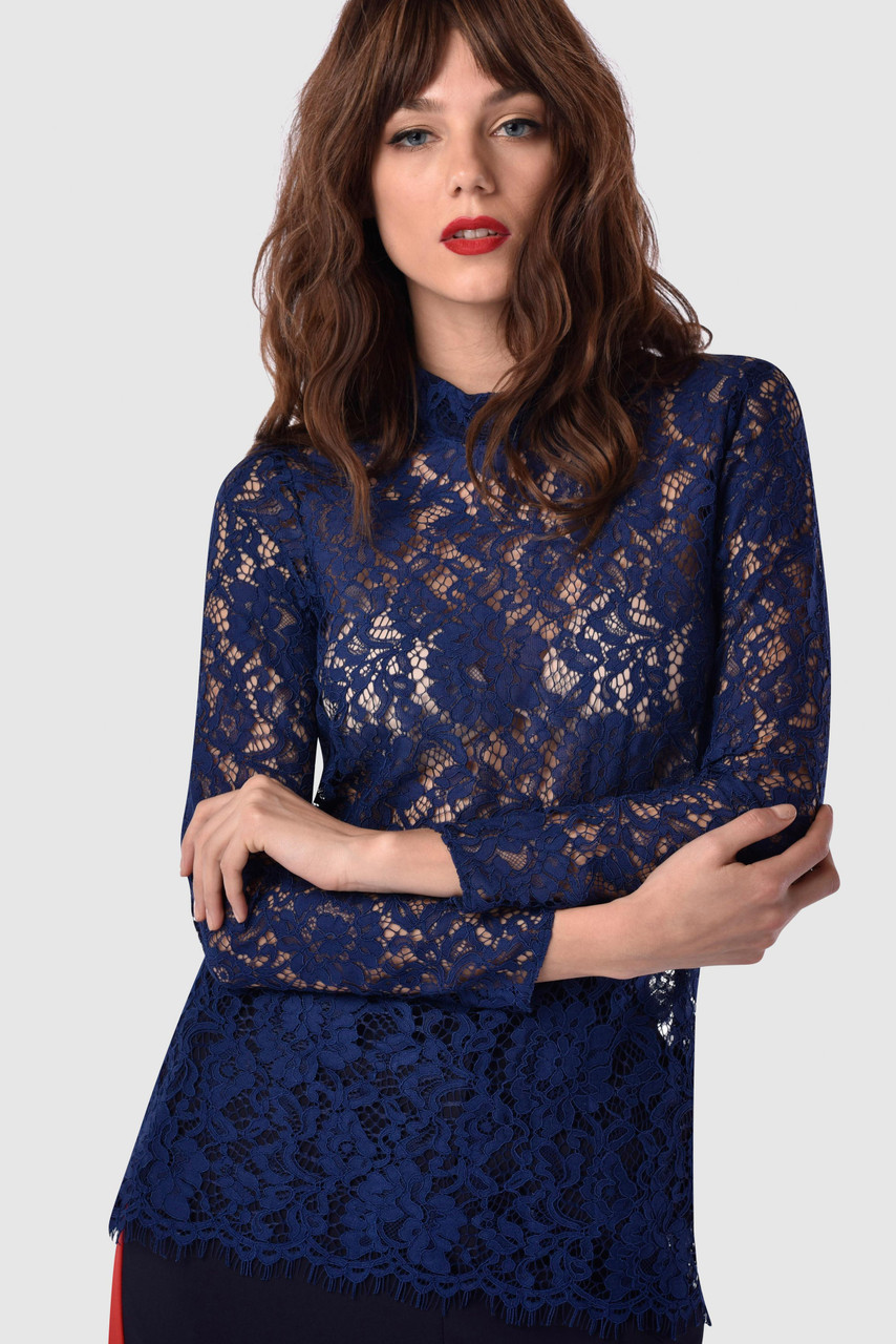 Closet London | Navy Lace Fitted Blouse with Collar着丈84cm