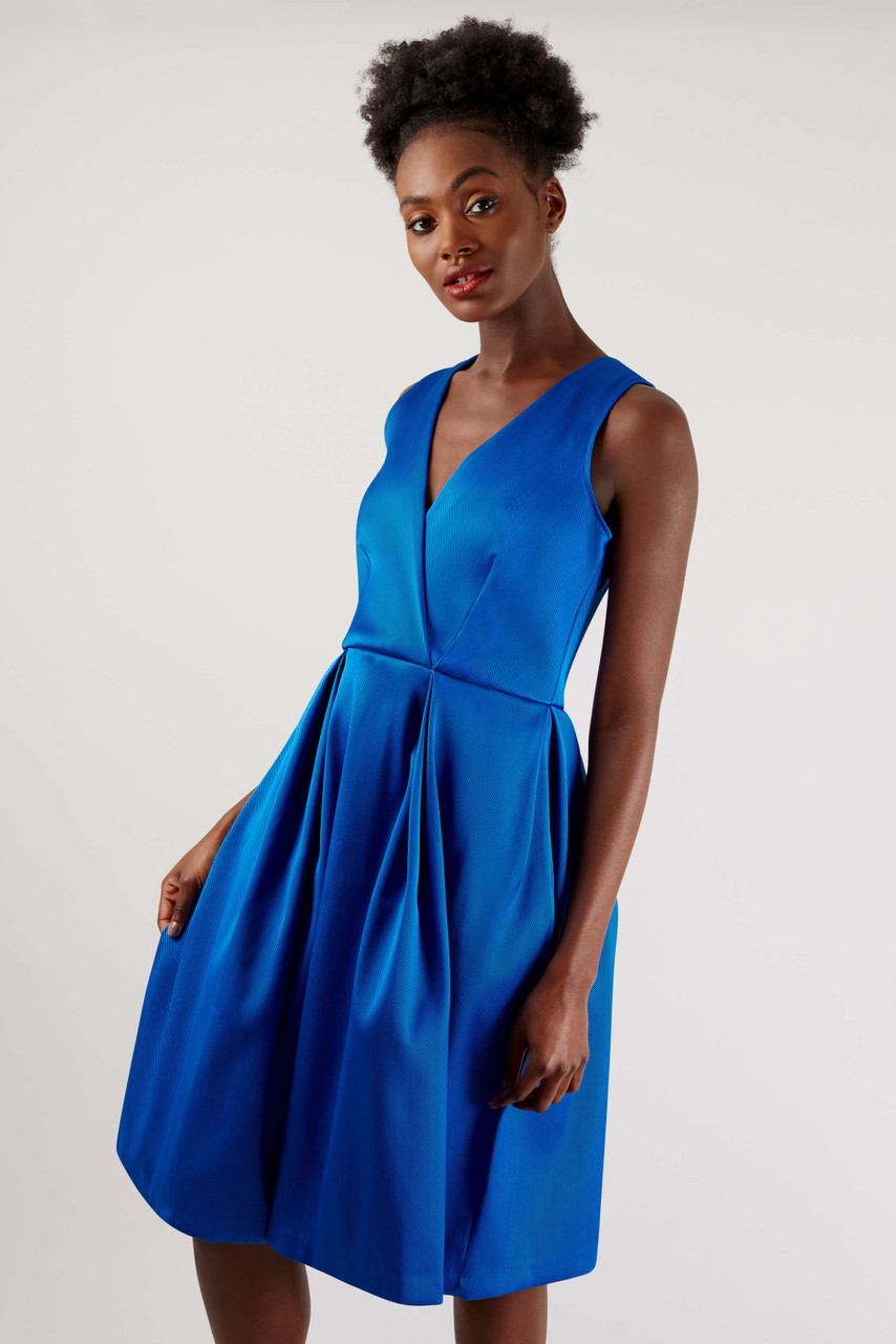 Closet London | Blue Satin Blue Pleated Wrap Dress