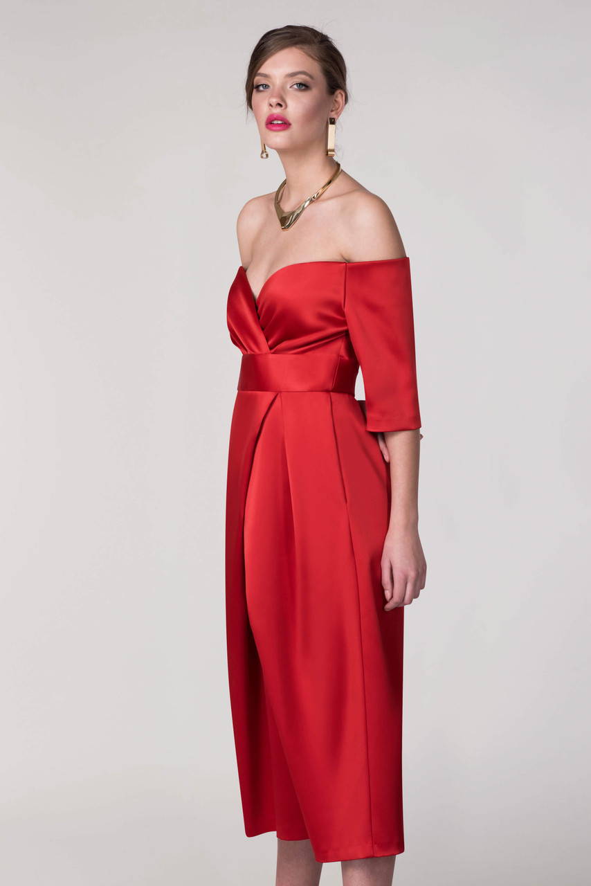 Closet London | Women's Red Satin Pleated Bardot Dress