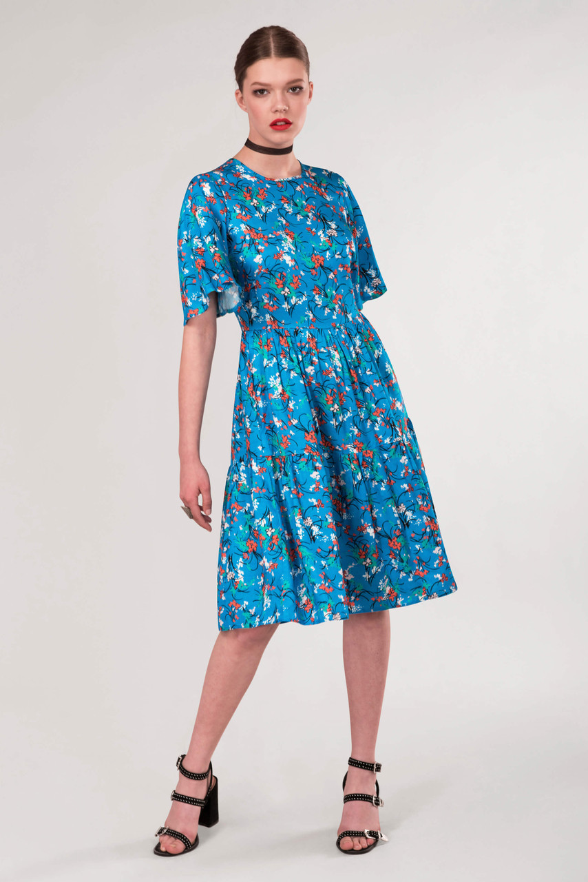 Closet London | Blue Floral Tiered Flared Sleeve Dress