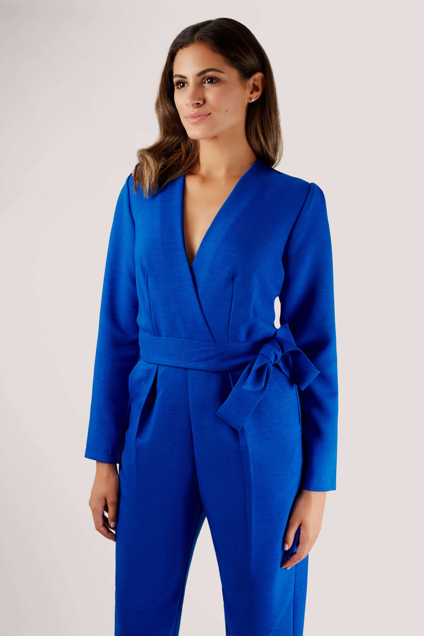 Blue Long Sleeve Crossover Jumpsuit