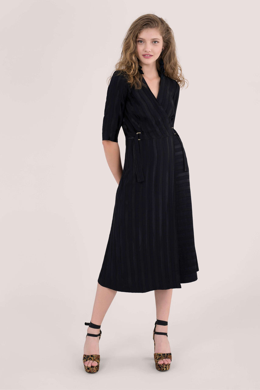 black satin wrap midi dress