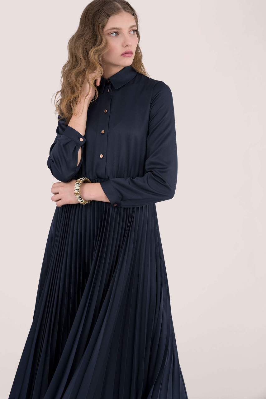 black pleated shirt dress