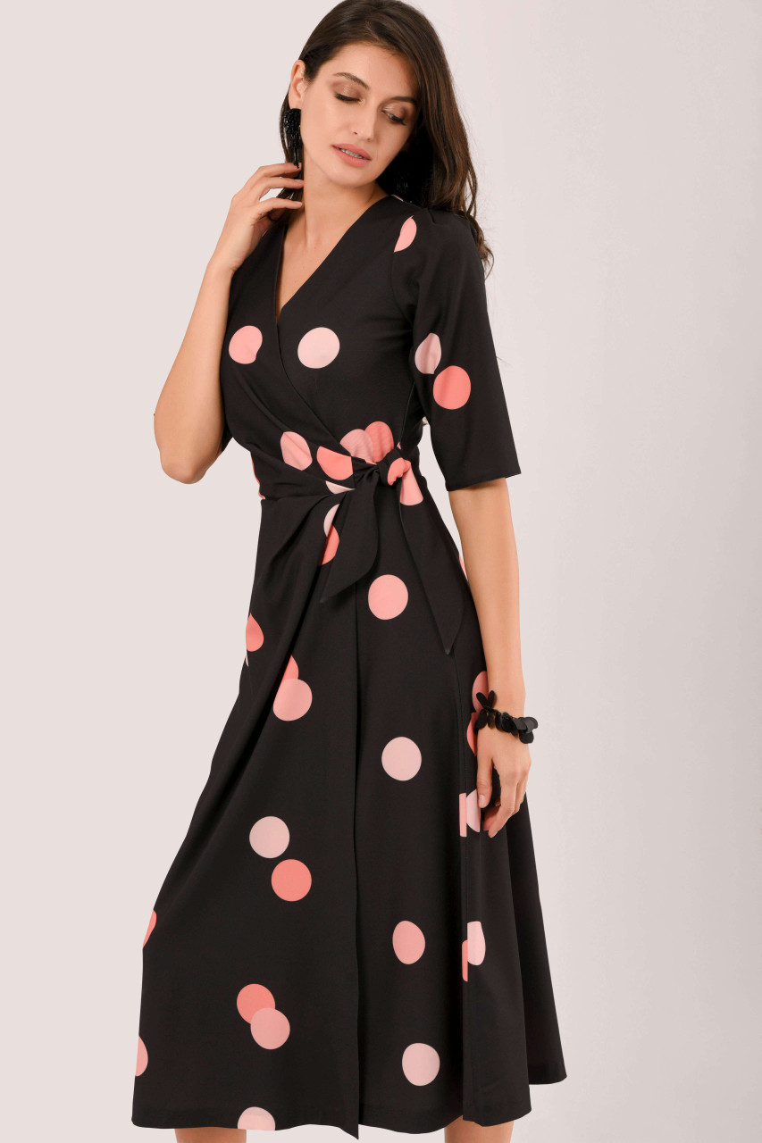 Closet London | Black and Peach Polka Dot Wrap Tie Dress