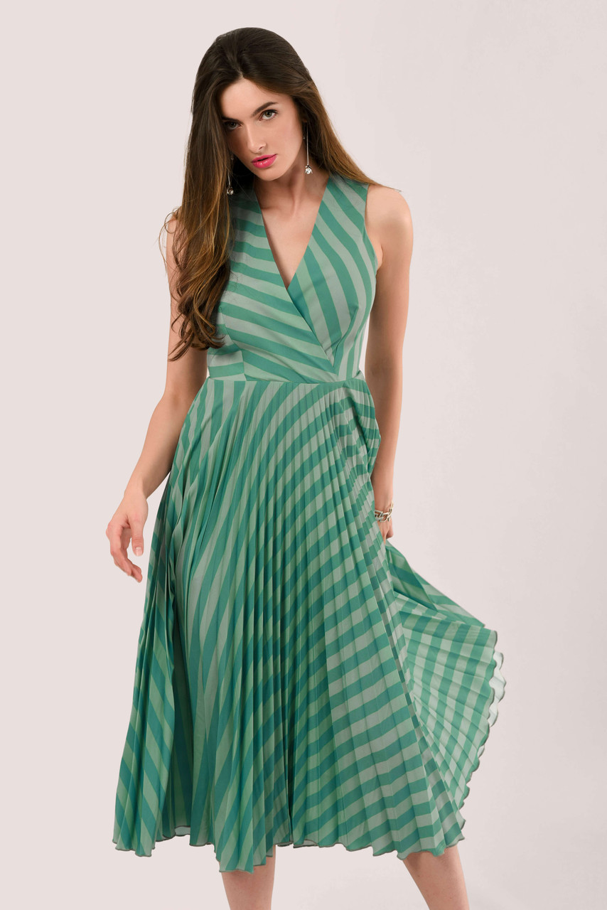 Teal Stripe Sleeveless Pleated Wrap Dress