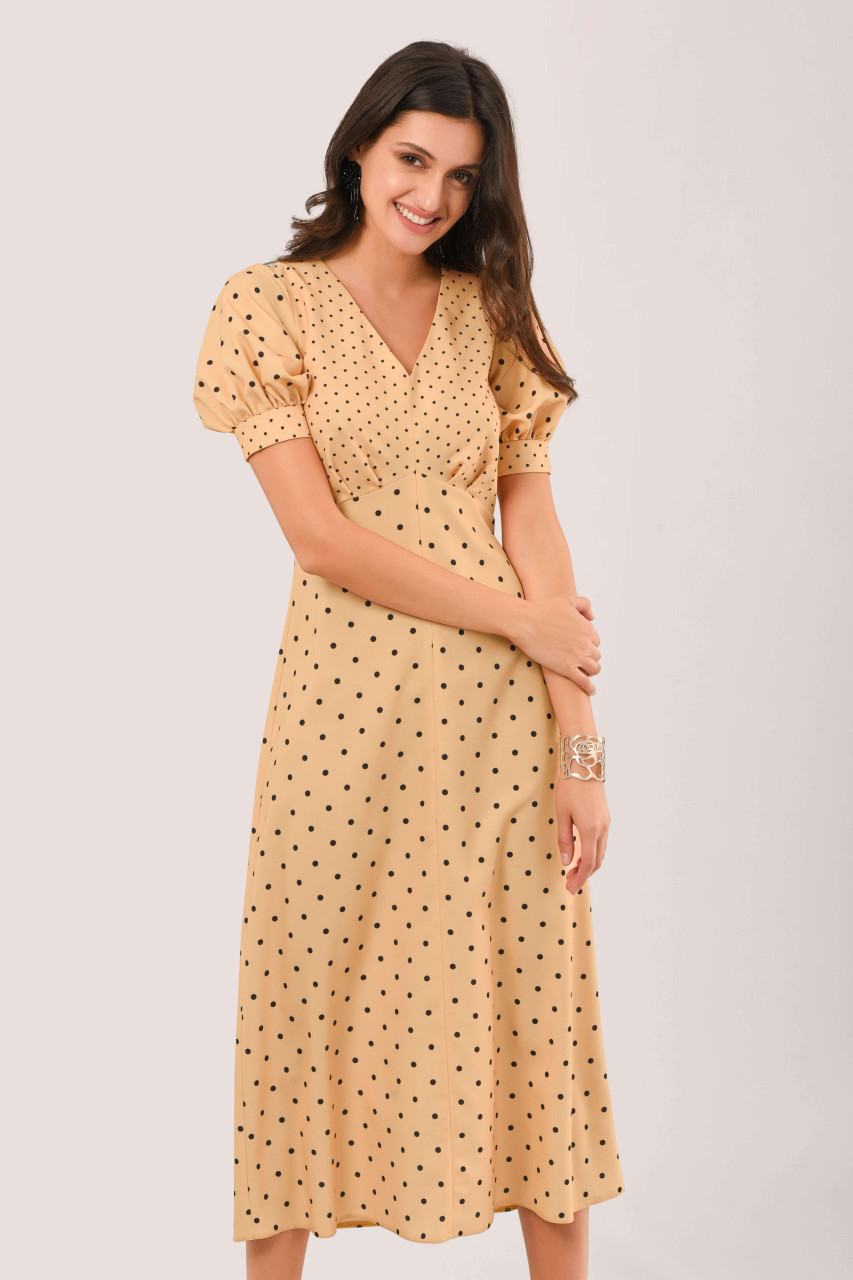 Apricot Polka Dot Puff Sleeve V-Neck 