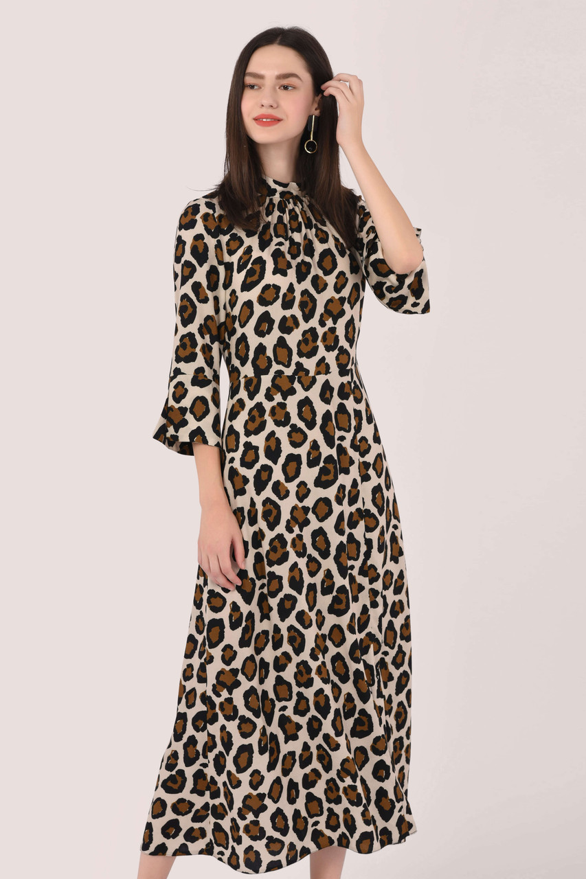 Closet London | Beige Leopard Print High Neck Front Slit Dress