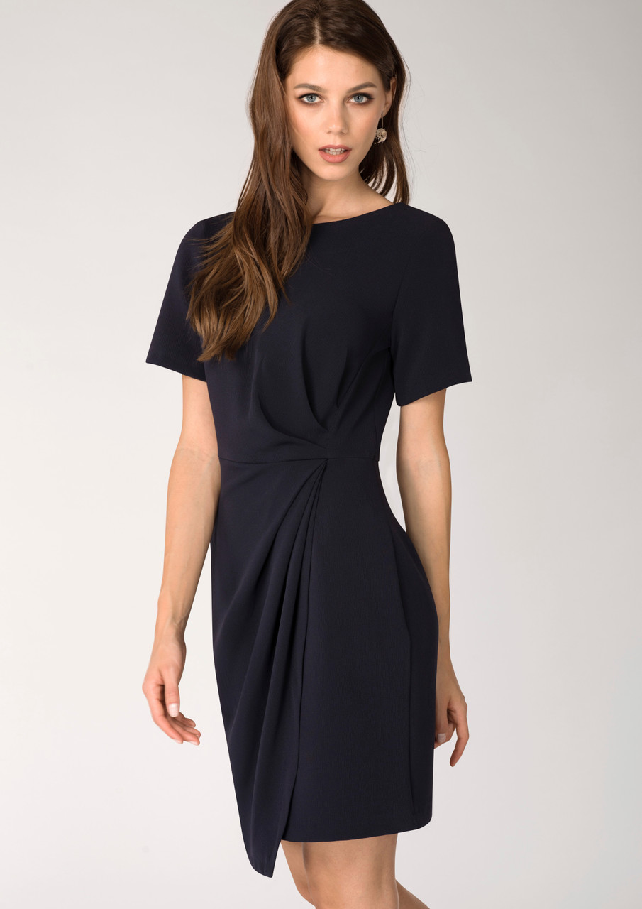 Closet London | Women's Navy Short Sleeve Asymmetric Draped Dress