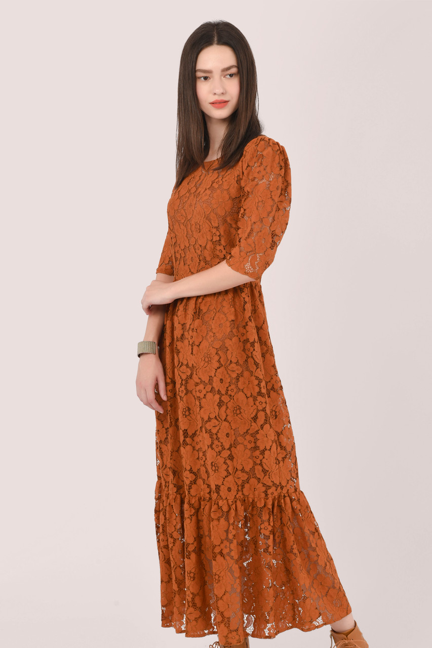 Closet London | Brown Gathered Puff Sleeve Midi Dress