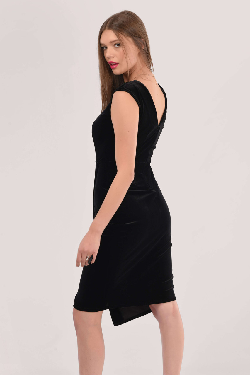 Closet London | Black Velvet Pleated Wrap Skirt Dress