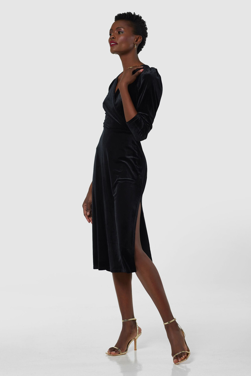 Closet London | Black Velvet Wrap A-line Dress