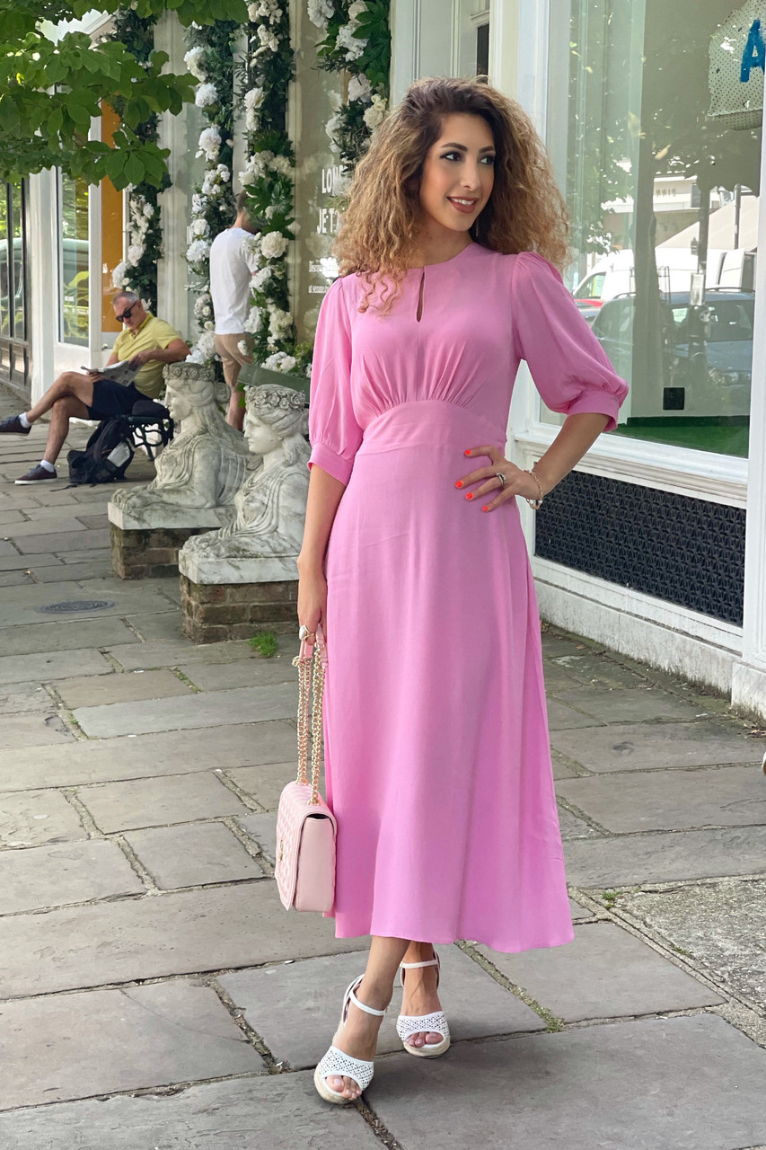 Closet London | Pink Short Puff Sleeve Midi Dress