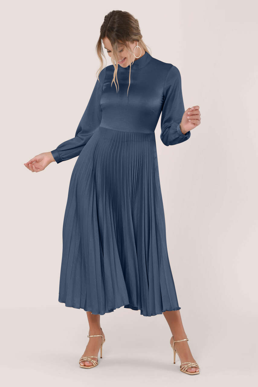 Closet London Navy Long Sleeve Pleated Midi Dress