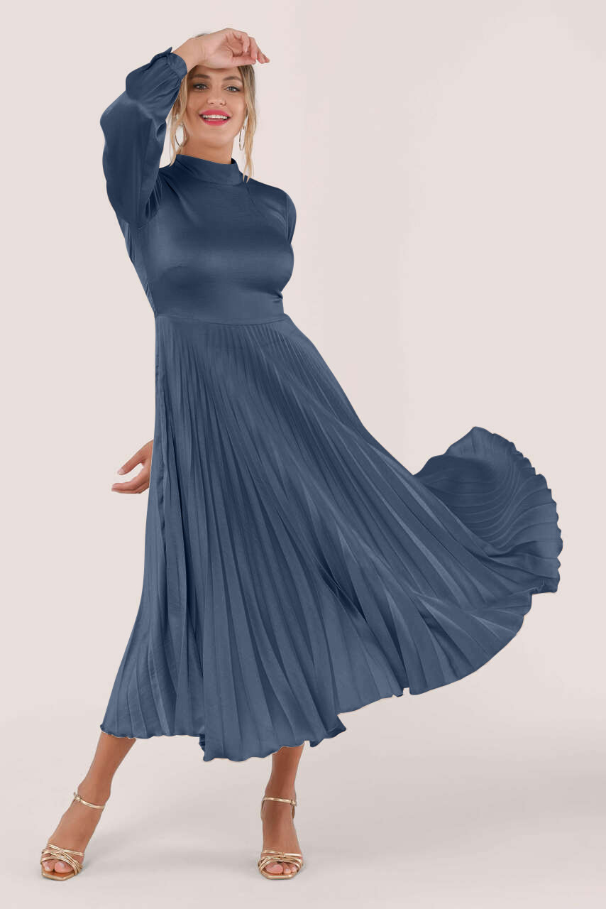 Closet London | Navy Long Sleeve Pleated Midi Dress