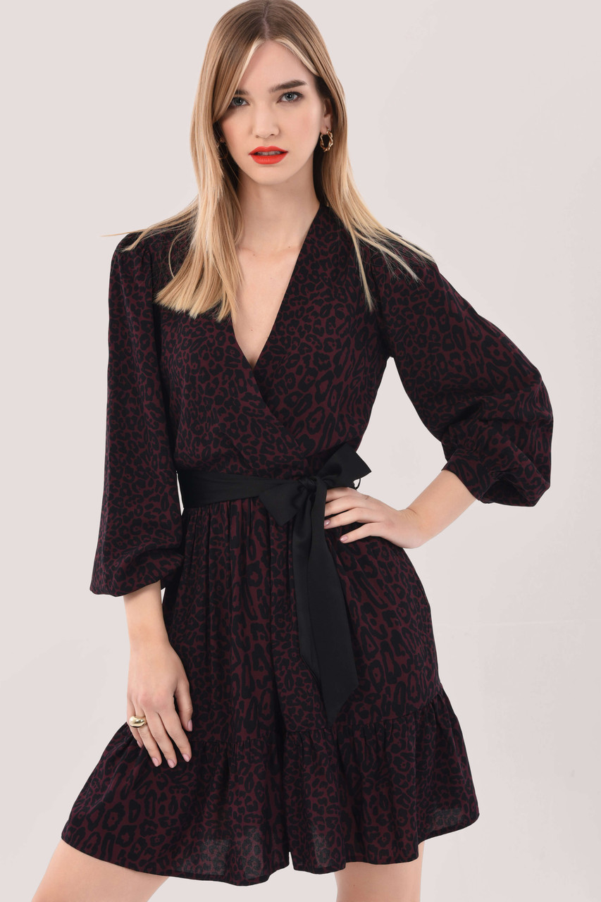 Closet London | Brown Gathered Wrap Print Dress