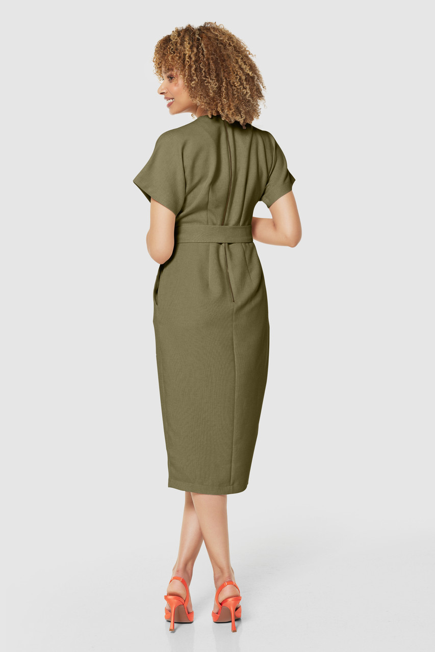 Closet London| Olive Green Kimono Sleeves Wrap Midi Dress