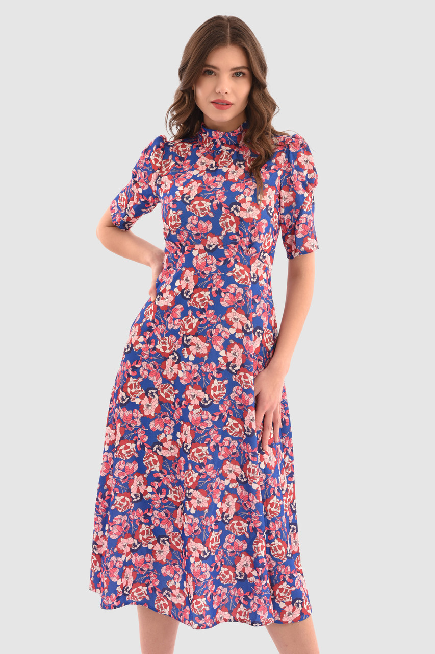 Elegant Blue Floral High Neck Midi Dress | Closet London