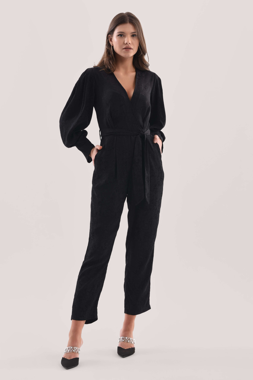 Closet London | Black Floral Jacquard Wrap Tie Waist Jumpsuit